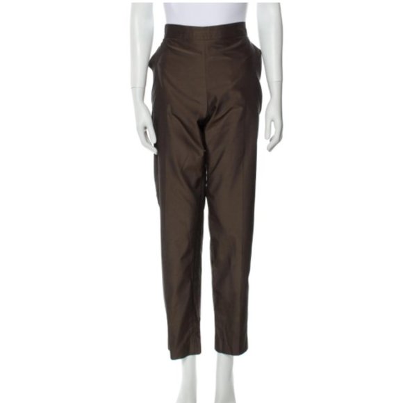 Max Mara Brown Straight Leg Silk Side Zip Pants - Picture 1 of 8